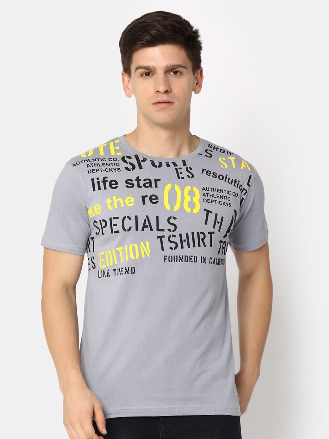 

V-Mart Typography Printed Slim Fit Cotton T-shirt, Grey