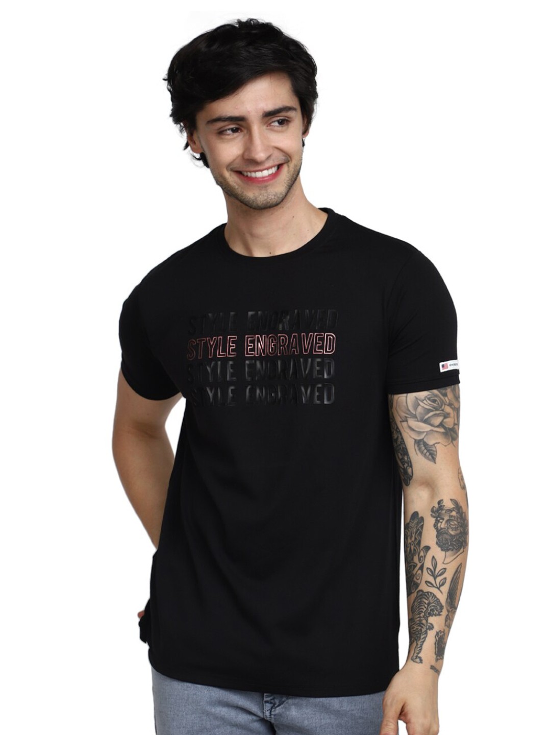 

V-Mart Slim Fit Typography Printed Cotton T-shirt, Black