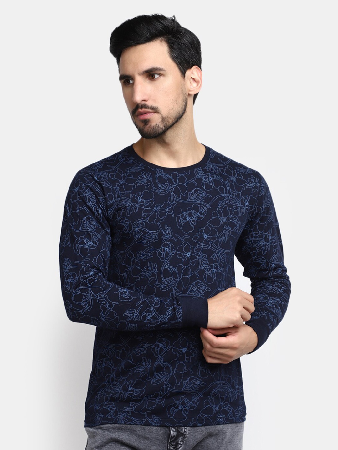 

V-Mart Floral Printed Round Neck Cotton T-shirt, Blue