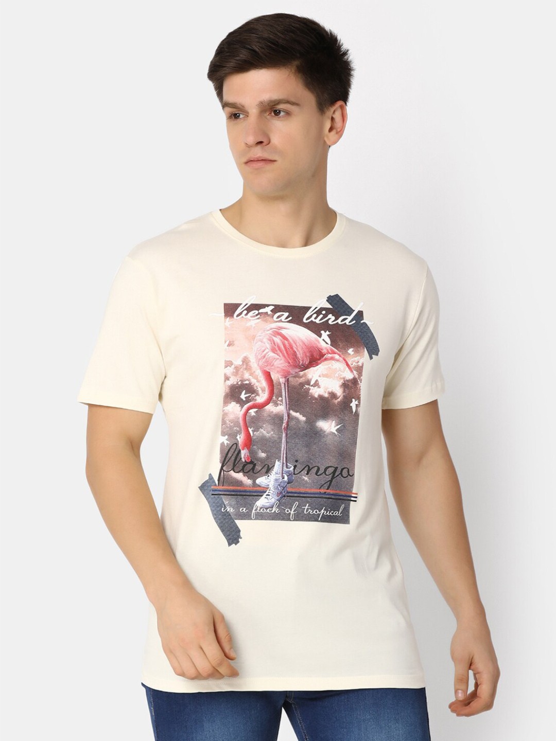 

V-Mart Slim Fit Graphic Printed Cotton T-shirt, Cream