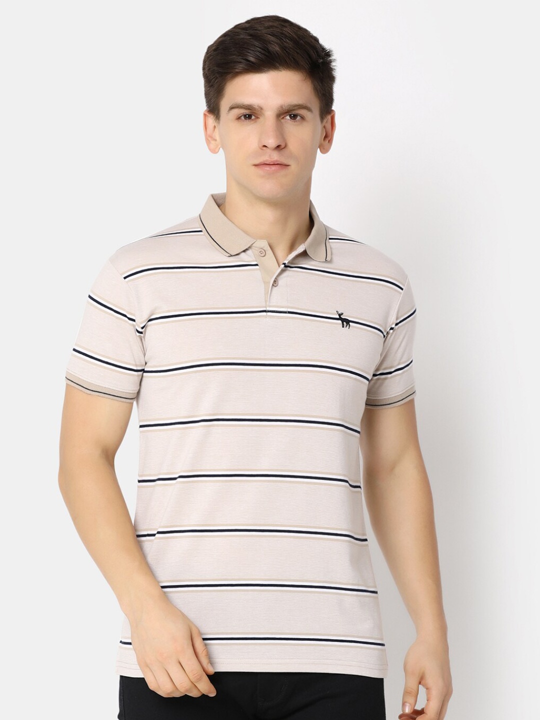 

V-Mart Striped Polo Collar Cotton Regular T-shirt, Beige