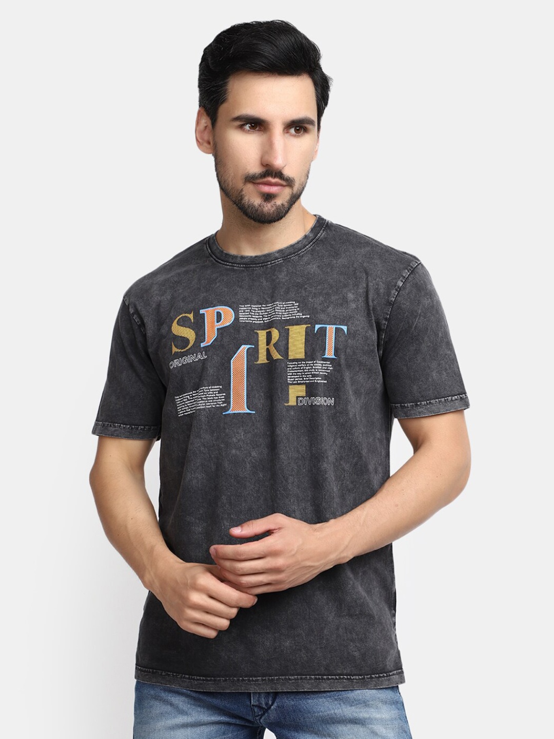 V-Mart Typography Printed Cotton T-shirt, Grey