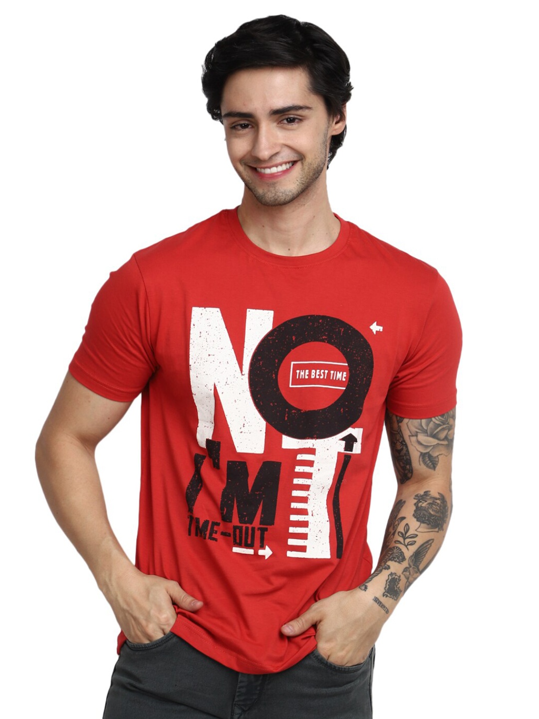 

V-Mart Typographic Printed Slim Fit Cotton T-shirt, Red