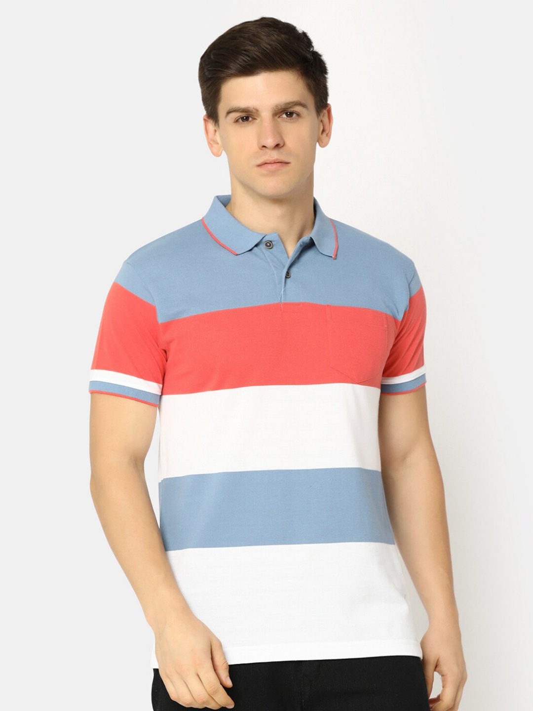

V-Mart Colourblocked Polo Collar Cotton Regular T-shirt, Blue