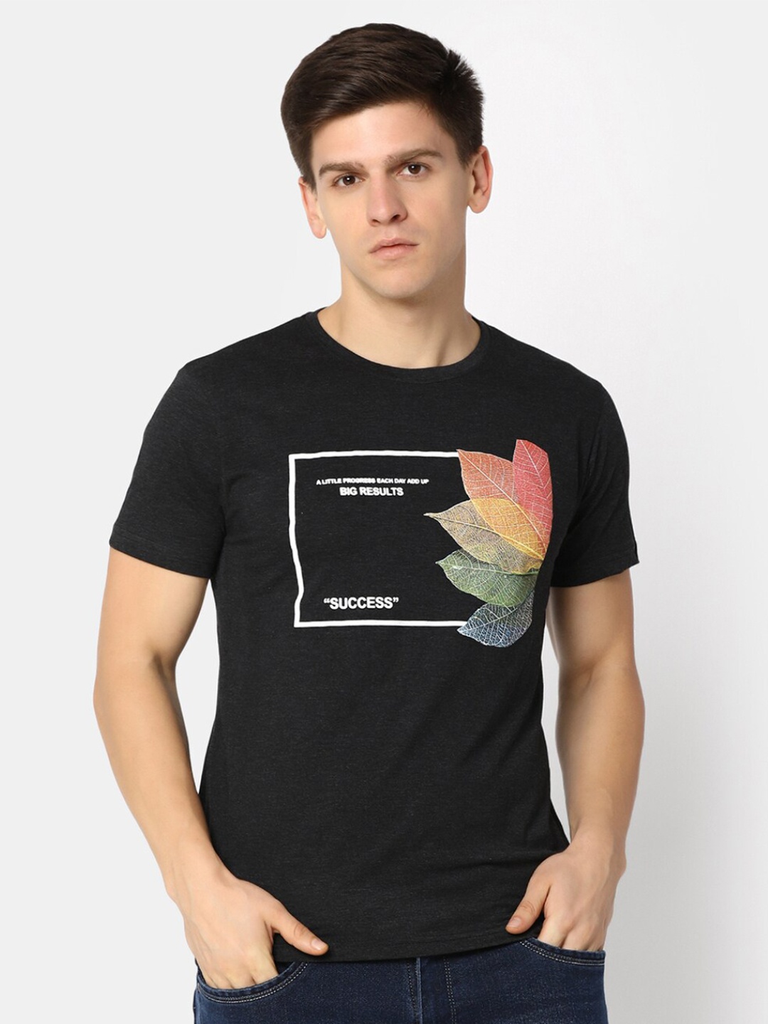 

V-Mart Graphic Printed Slim Fit Cotton T-shirt, Charcoal