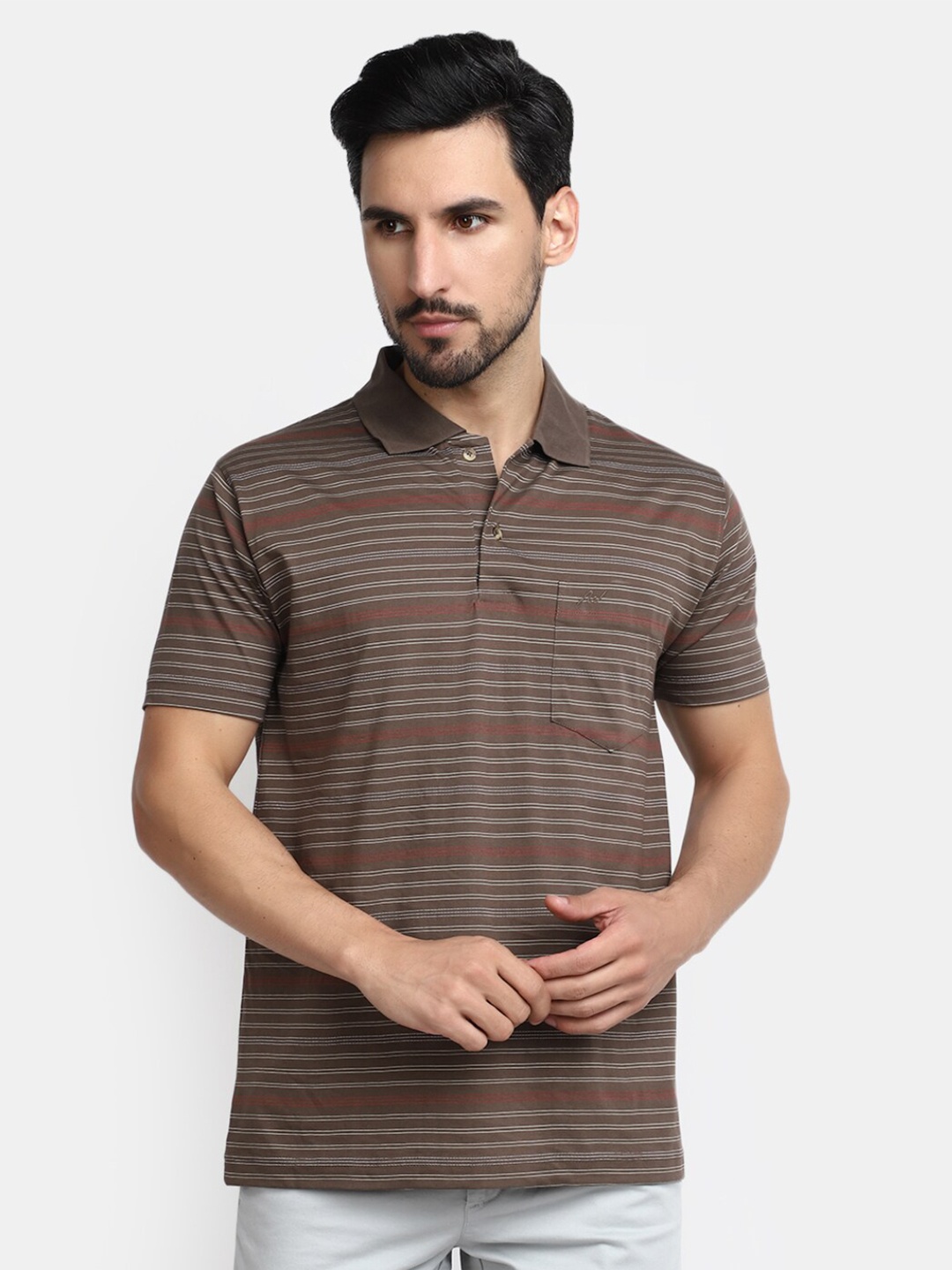 

V-Mart Striped Polo Collar Cotton T-shirt, Brown