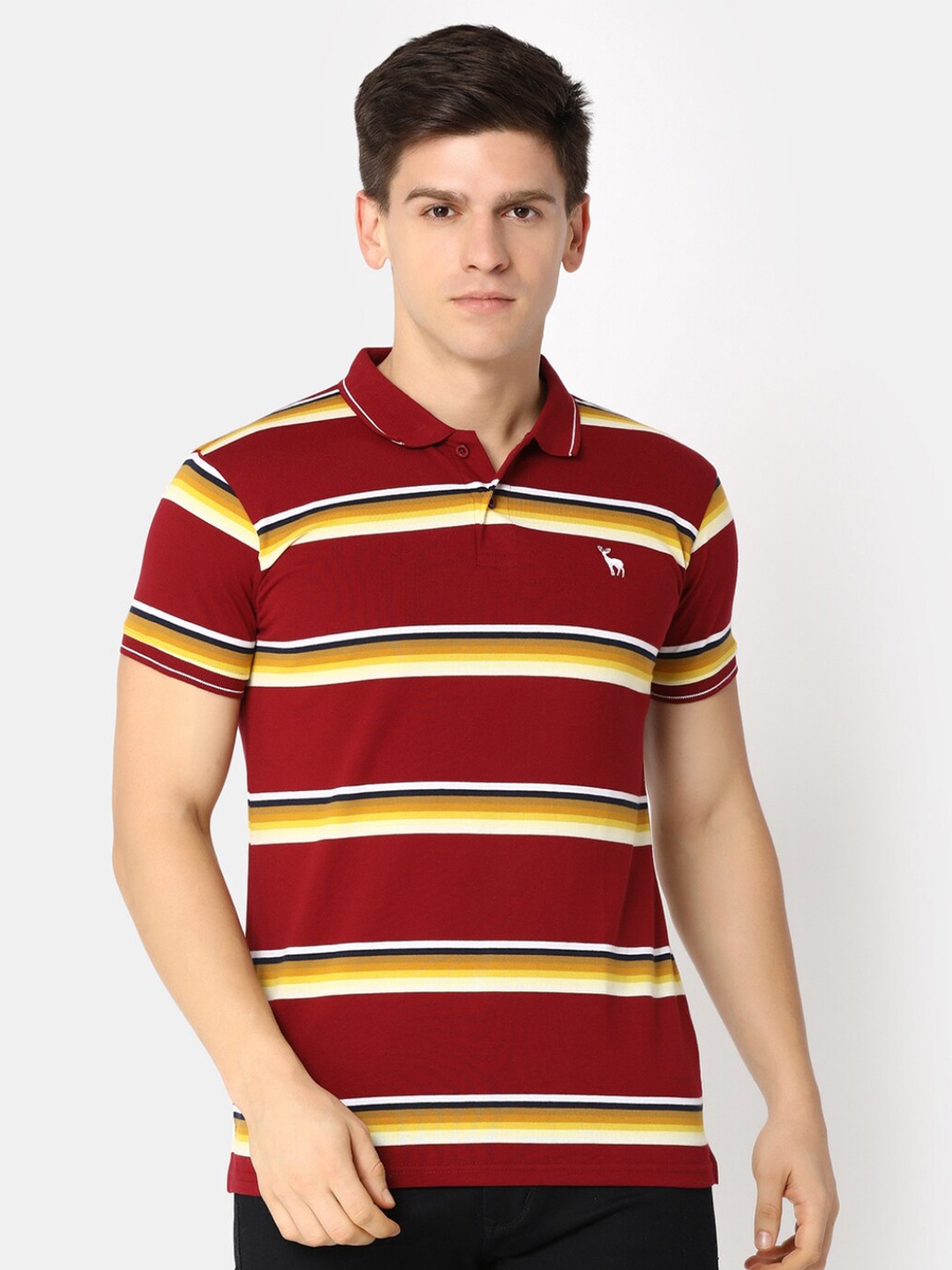 

V-Mart Slim Fit Striped Polo Collar Cotton T-shirt, Maroon