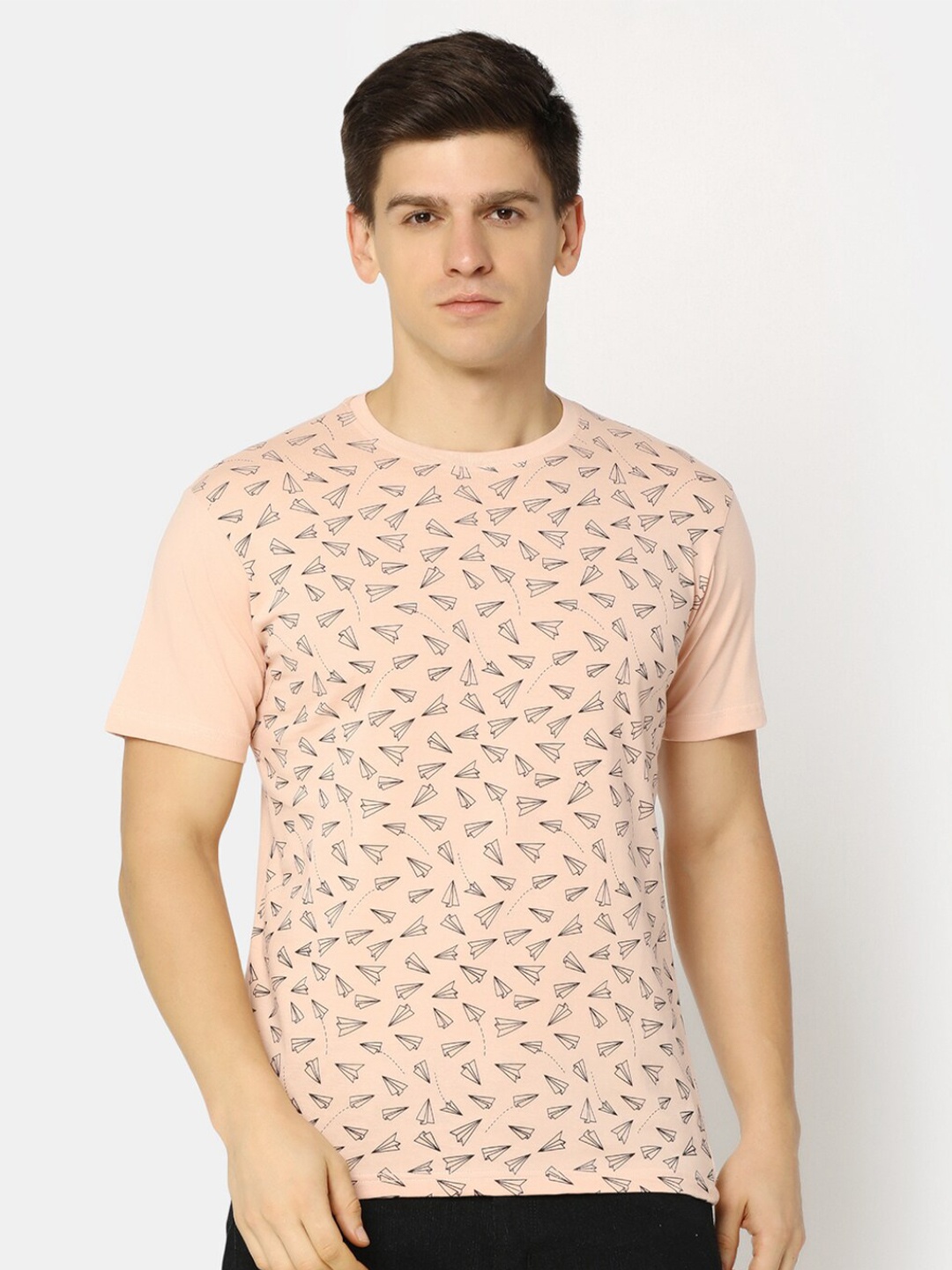 

V-Mart Slim Fit Conversational Printed Cotton Casual T-shirt, Peach