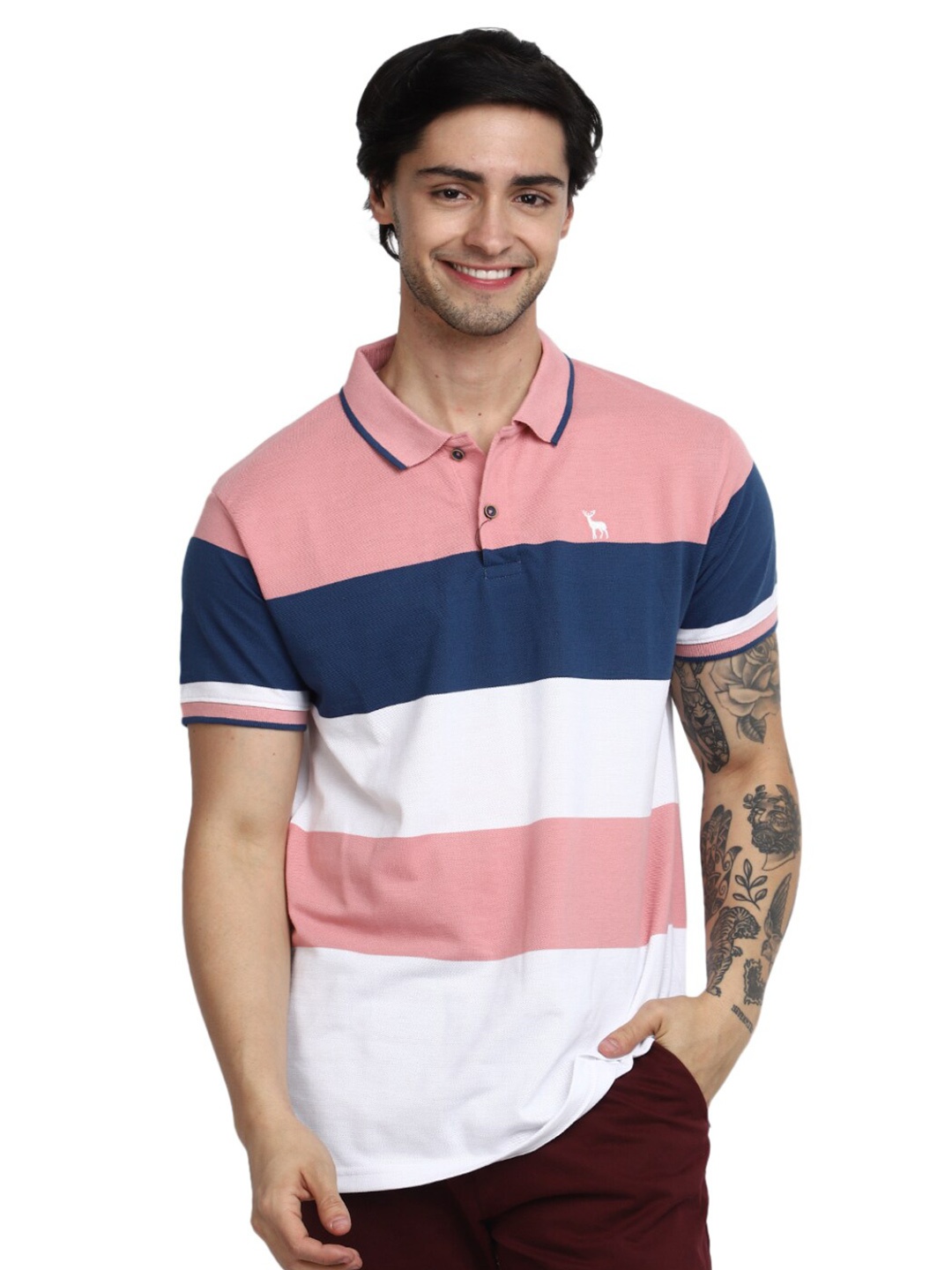 

V-Mart Colourblocked Polo Collar Cotton T-shirt, Pink