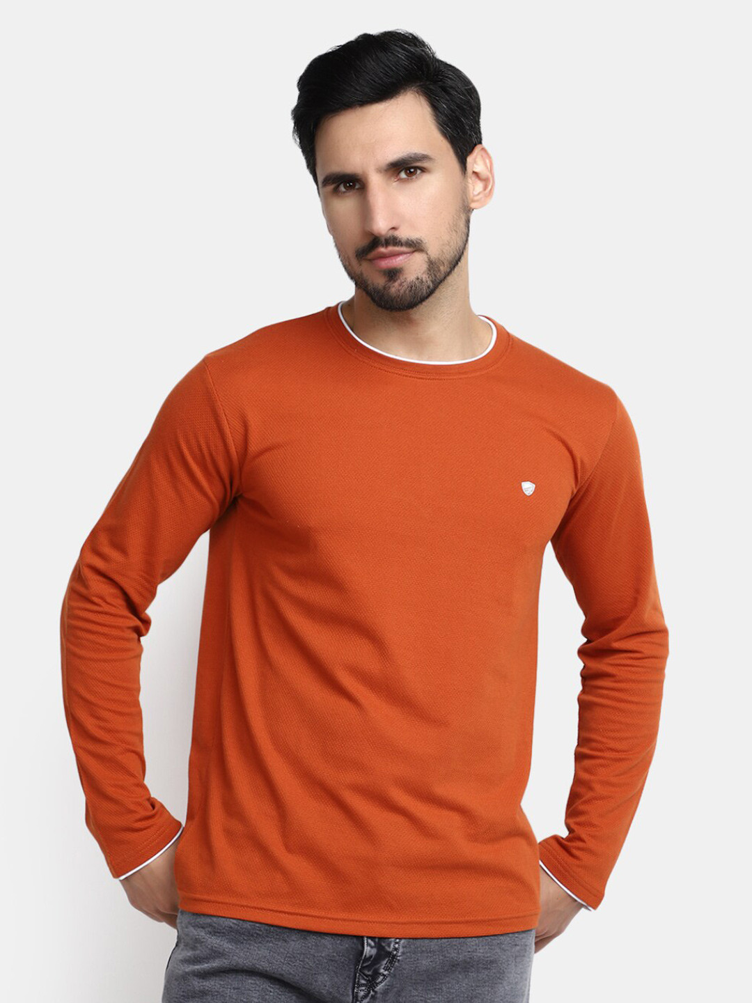 

V-Mart Round Neck Long Sleeves Slim Fit Cotton T-shirt, Rust