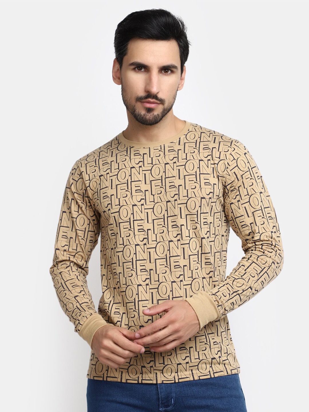 V-Mart Typography Printed Round Neck Cotton Casual T-shirt, Beige