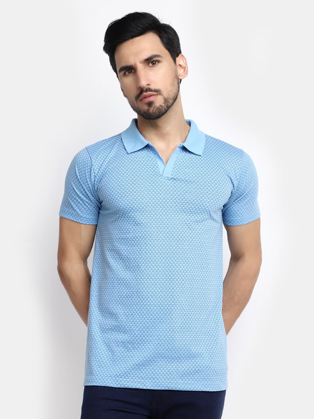 

V-Mart Geometric Printed Polo Collar Cotton Regular T-shirt, Blue