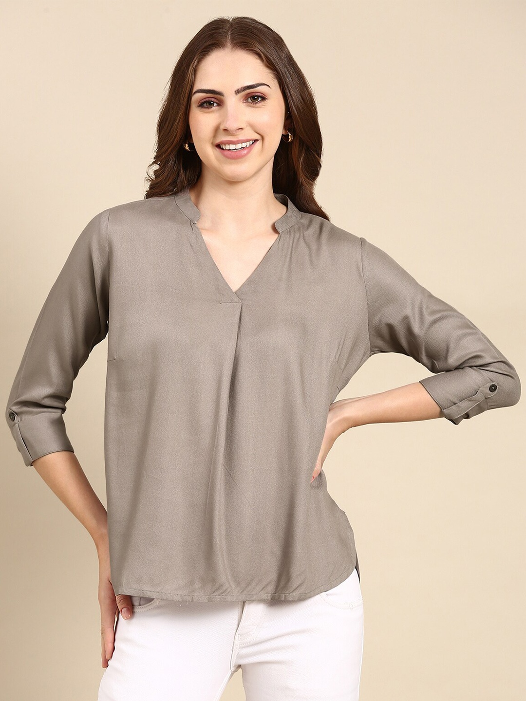 

HERE&NOW Grey Mandarin Collar Roll-Up Sleeves Top
