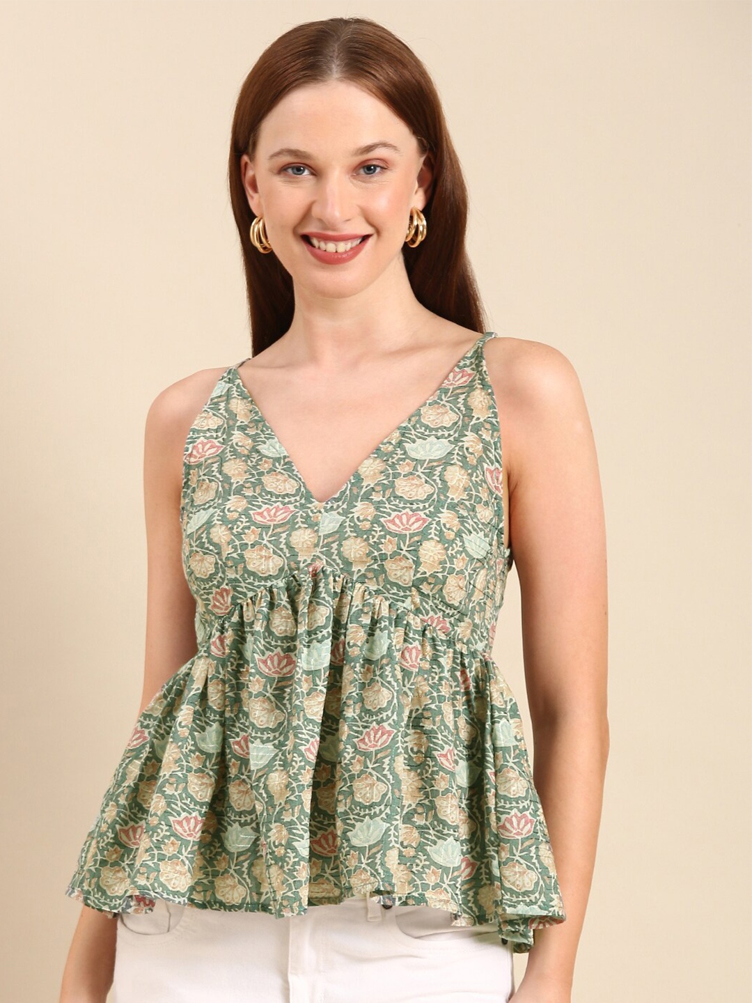 

HERE&NOW Green Floral Printed Shoulder Straps Empire Top