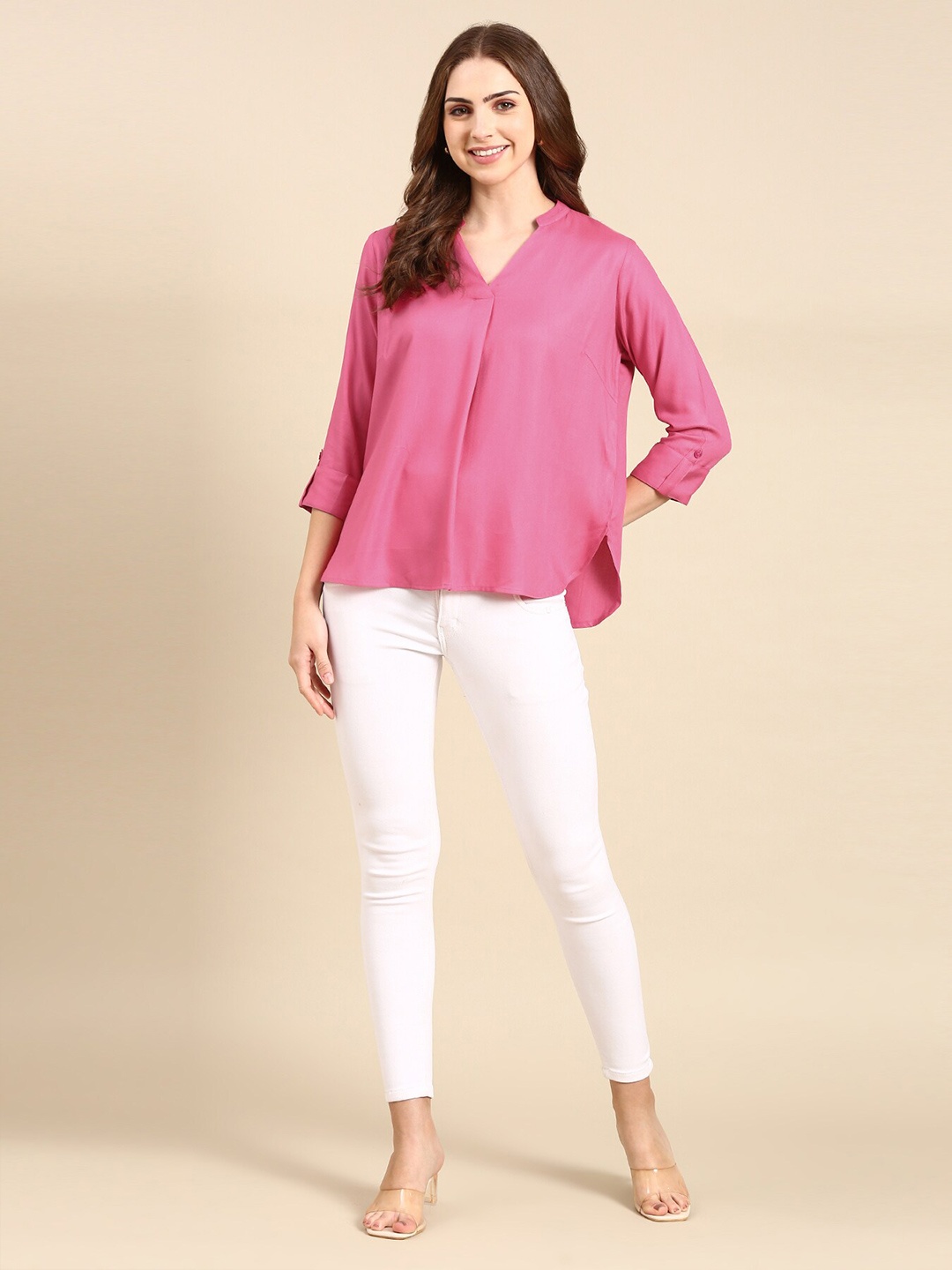 

HERE&NOW Pink Mandarin Collar Roll-Up Sleeves Top