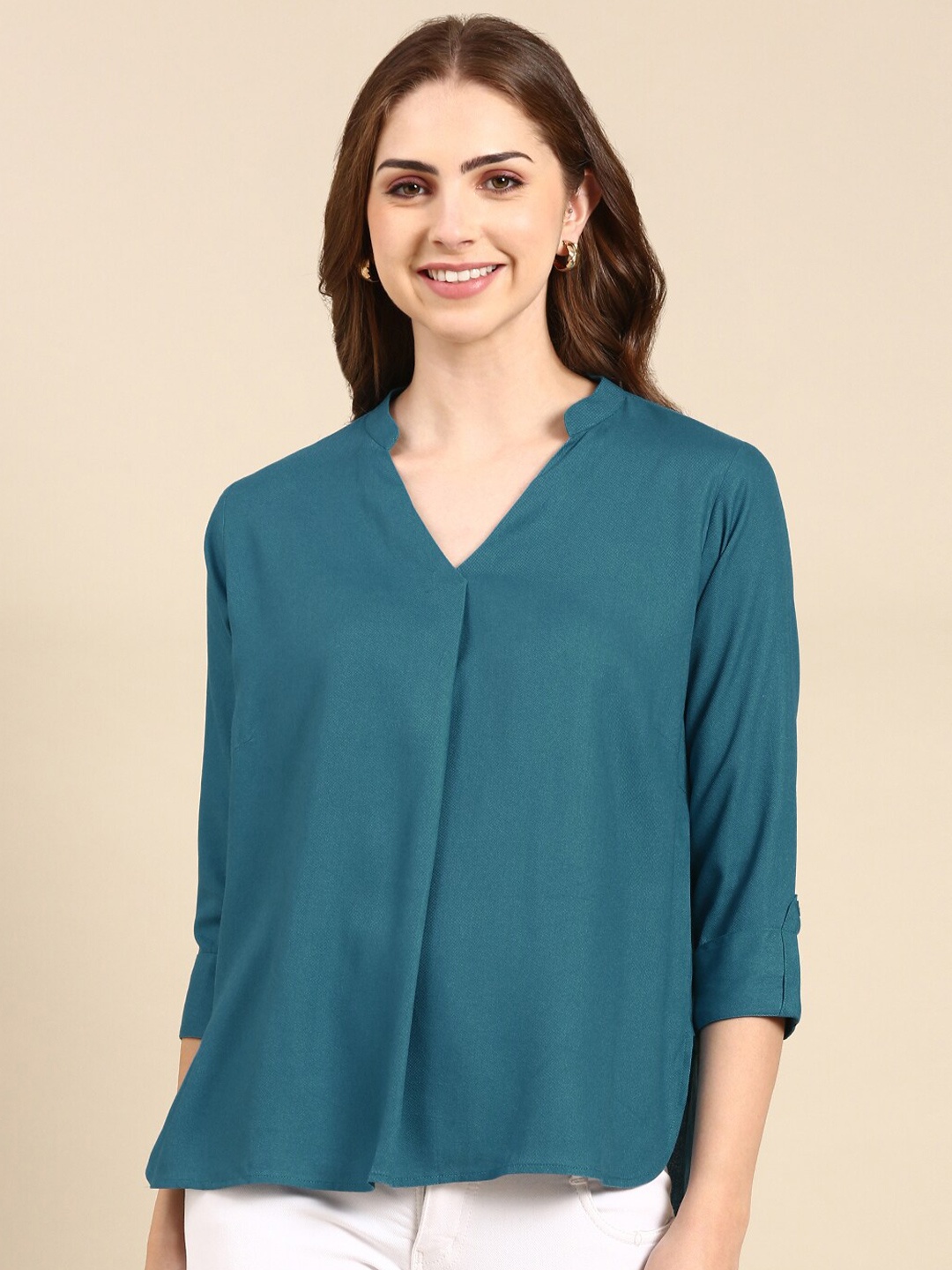 

HERE&NOW Teal Mandarin Collar Roll-Up Sleeves Top