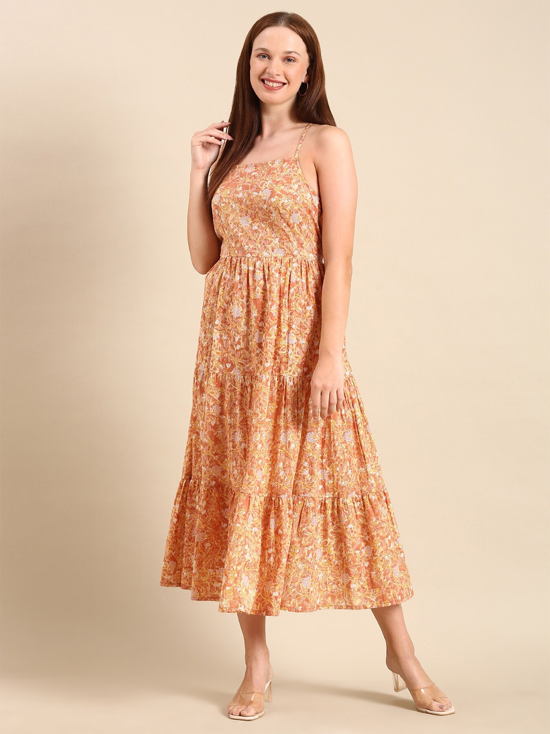 

MALHAAR Floral Printed Shoulder Straps Tie Up & Gathered Cotton Tiered Fit & Flare Dress, Peach