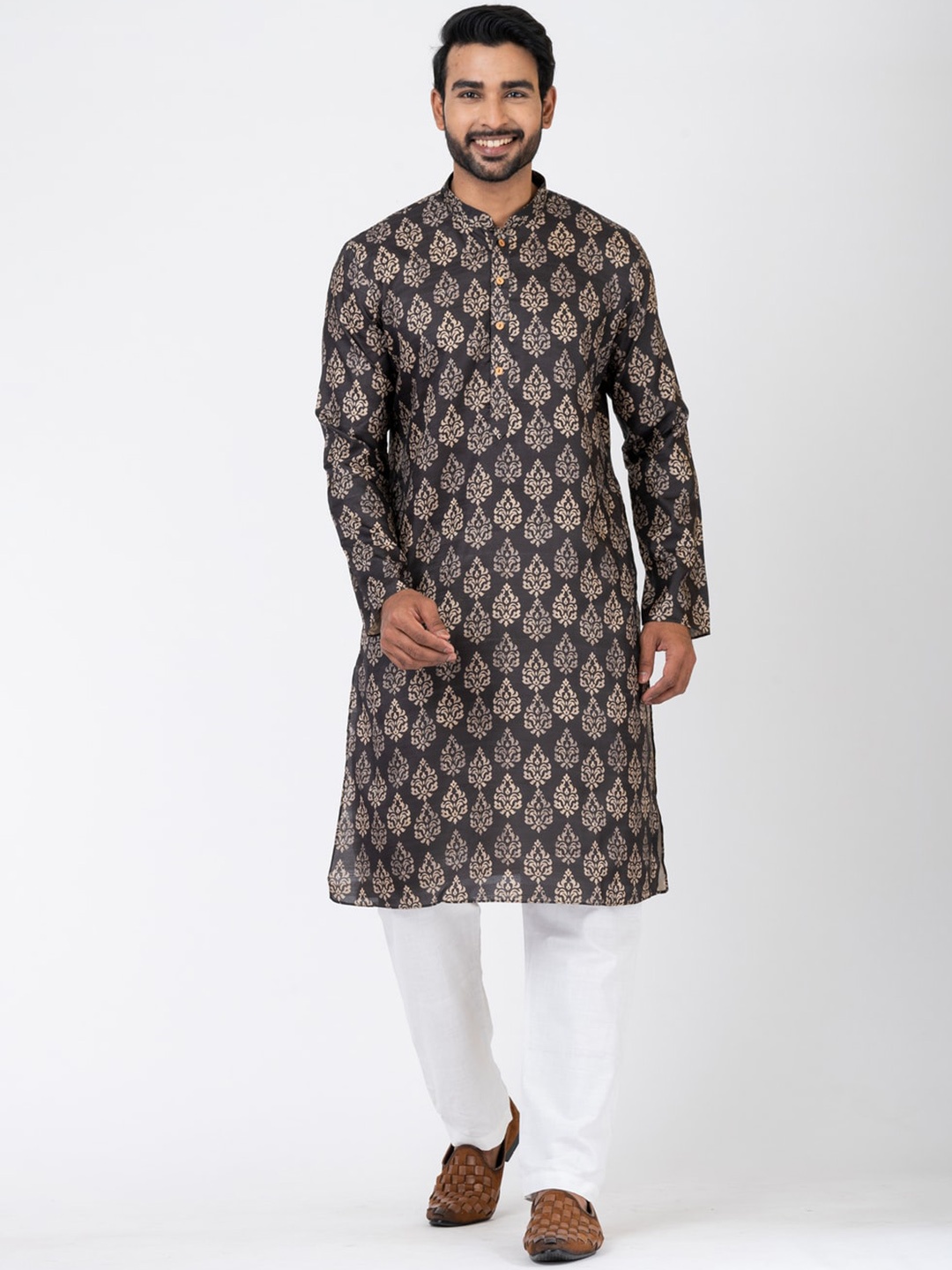 

HU - Handcrafted Uniquely Ethnic Motifs Printed Mandarin Collar Kurta, Coffee brown