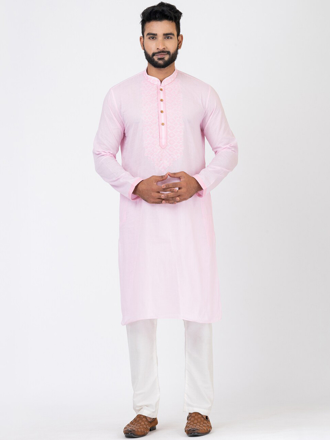 

HU - Handcrafted Uniquely Ethnic Motifs Embroidered Mandarin Collar Kurta, Pink