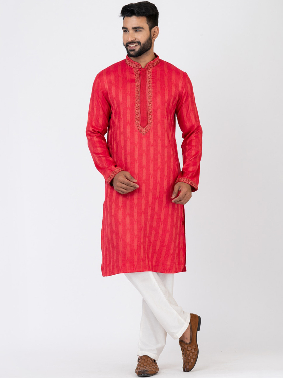 

HU - Handcrafted Uniquely Woven Design Mandarin Collar Kurta, Red