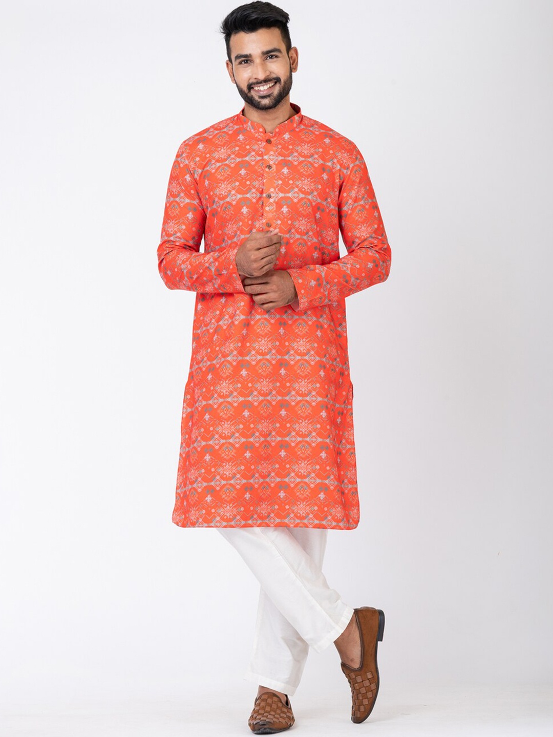 

HU - Handcrafted Uniquely Ethnic Printed Mandarin Collar Cotton Linen Straight Kurta, Orange