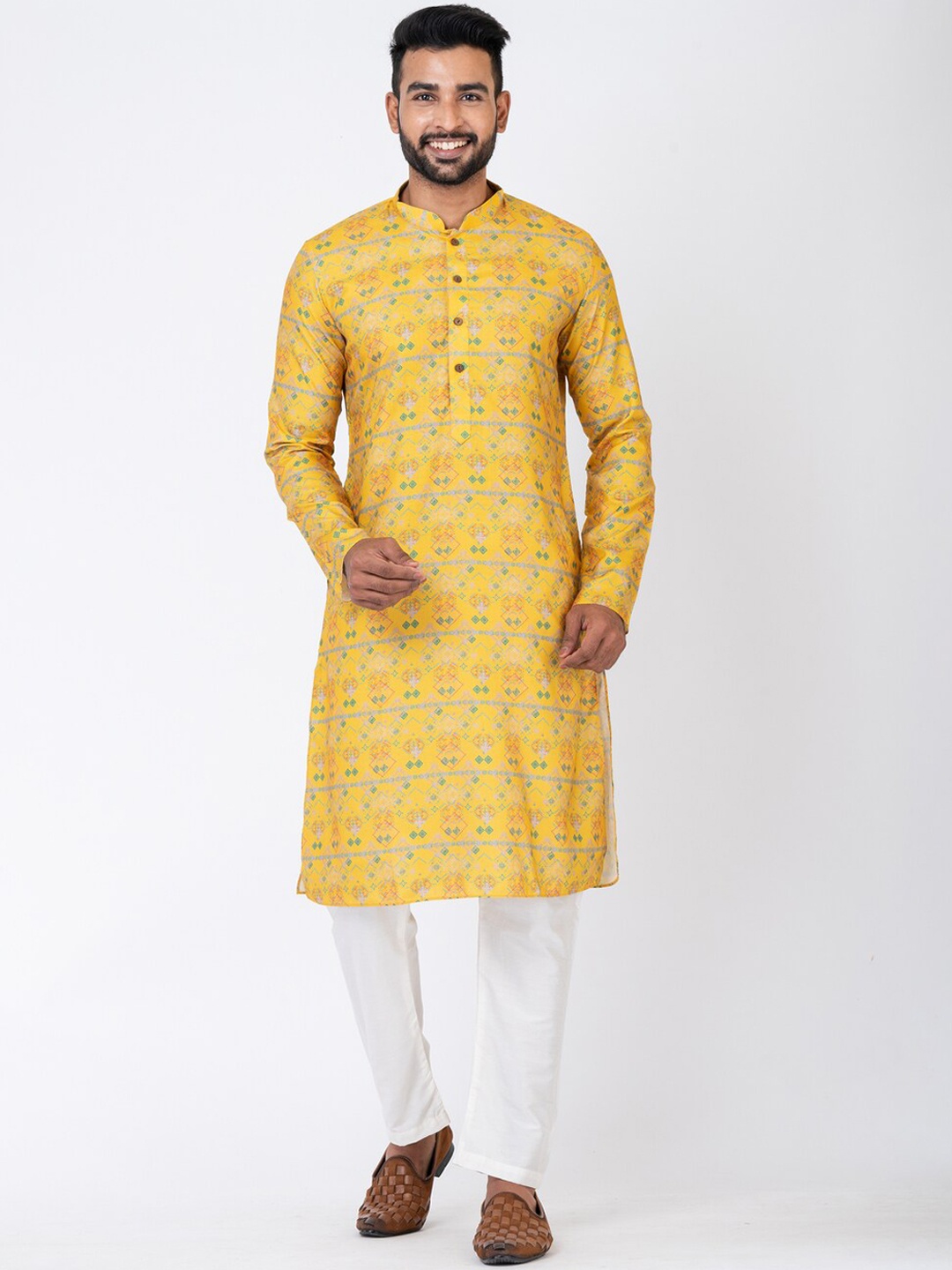 

HU - Handcrafted Uniquely Ethnic Printed Mandarin Collar Cotton Linen Straight Kurta, Yellow