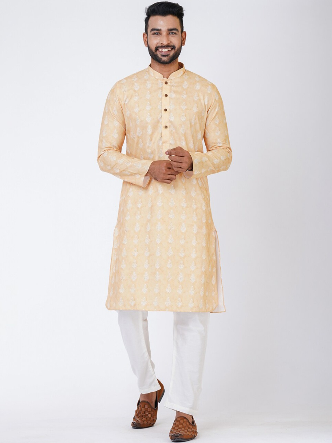 

HU - Handcrafted Uniquely Ethnic Motifs Printed Cotton Silk Straight Kurta, Peach