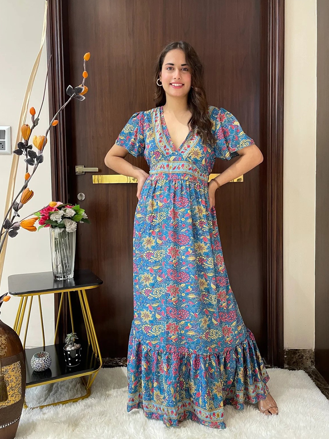 

smisingbee Floral Printed Puffed Sleeves Ruffled Maxi Dress, Blue