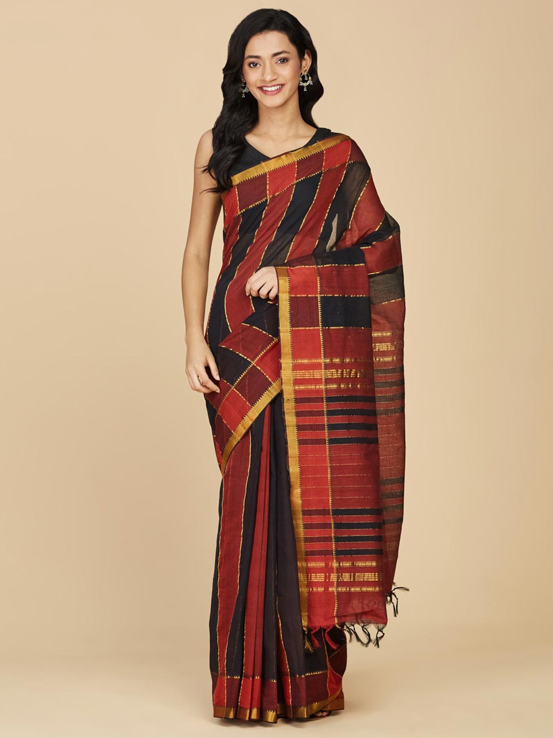 

Fabindia Striped Zari Cotton Silk Pure Cotton Saree, Black
