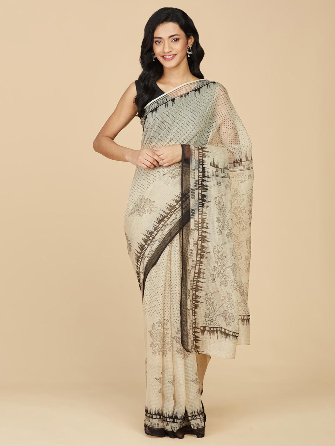 

Fabindia Floral Printed Cotton Silk Bagru Saree, Beige