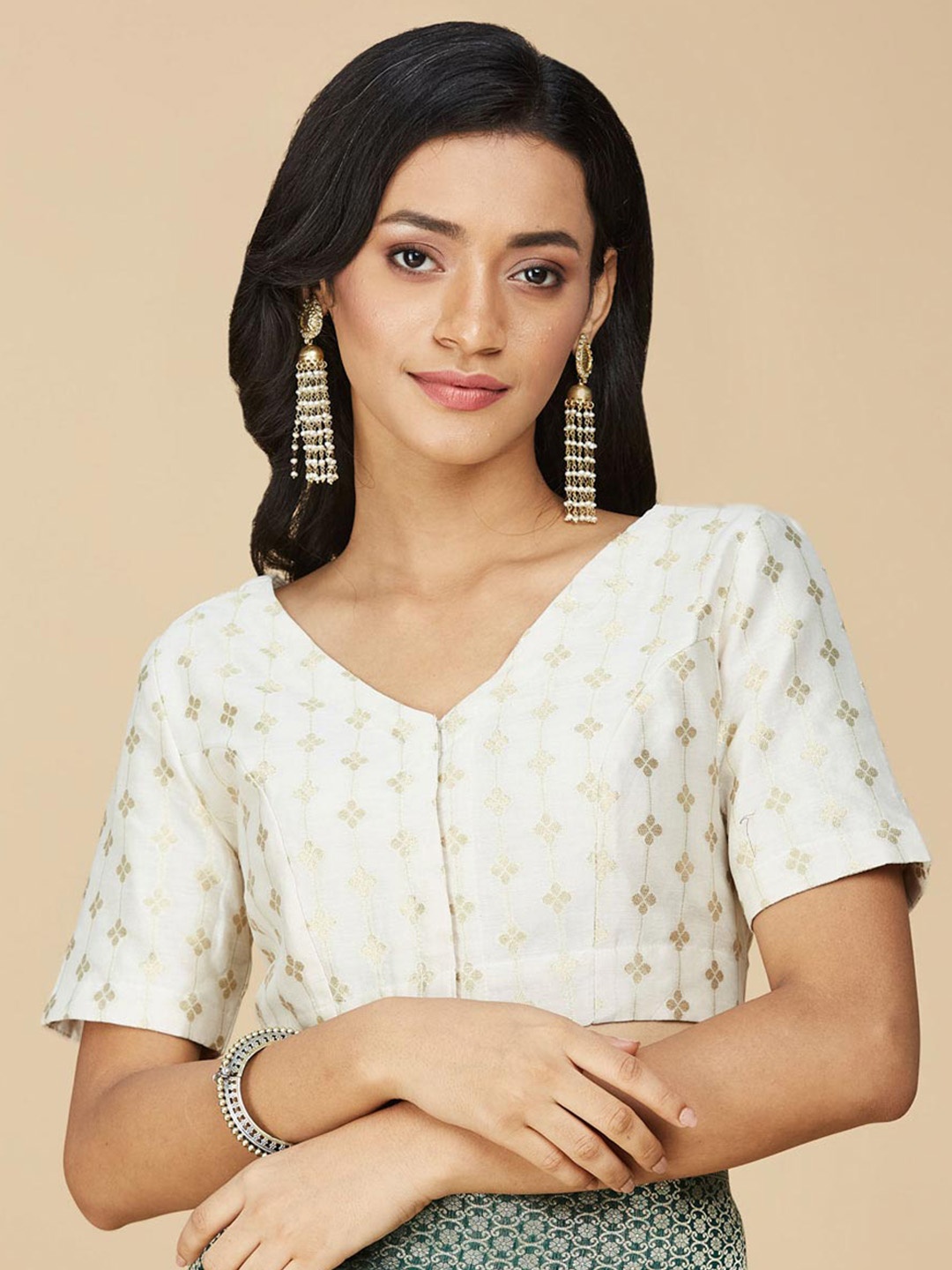 

Fabindia Woven Design Cotton Silk Saree Blouse, Off white