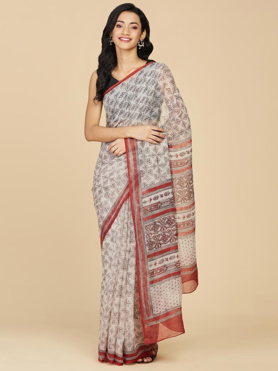 

Fabindia Ethnic Motifs Printed Cotton Silk Bagh Saree, Beige