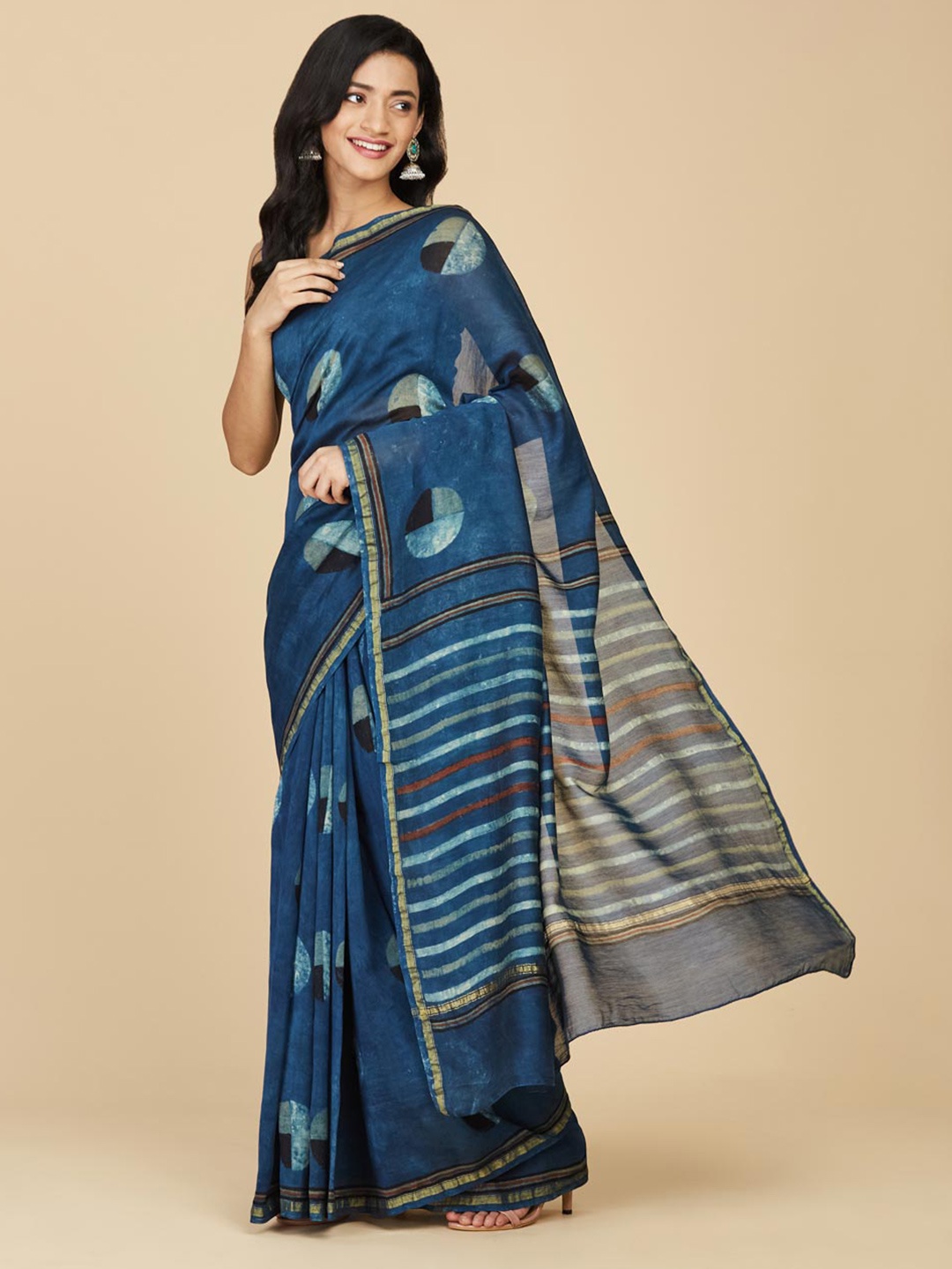 

Fabindia Dabu Printed Zari Dabu Saree, Navy blue