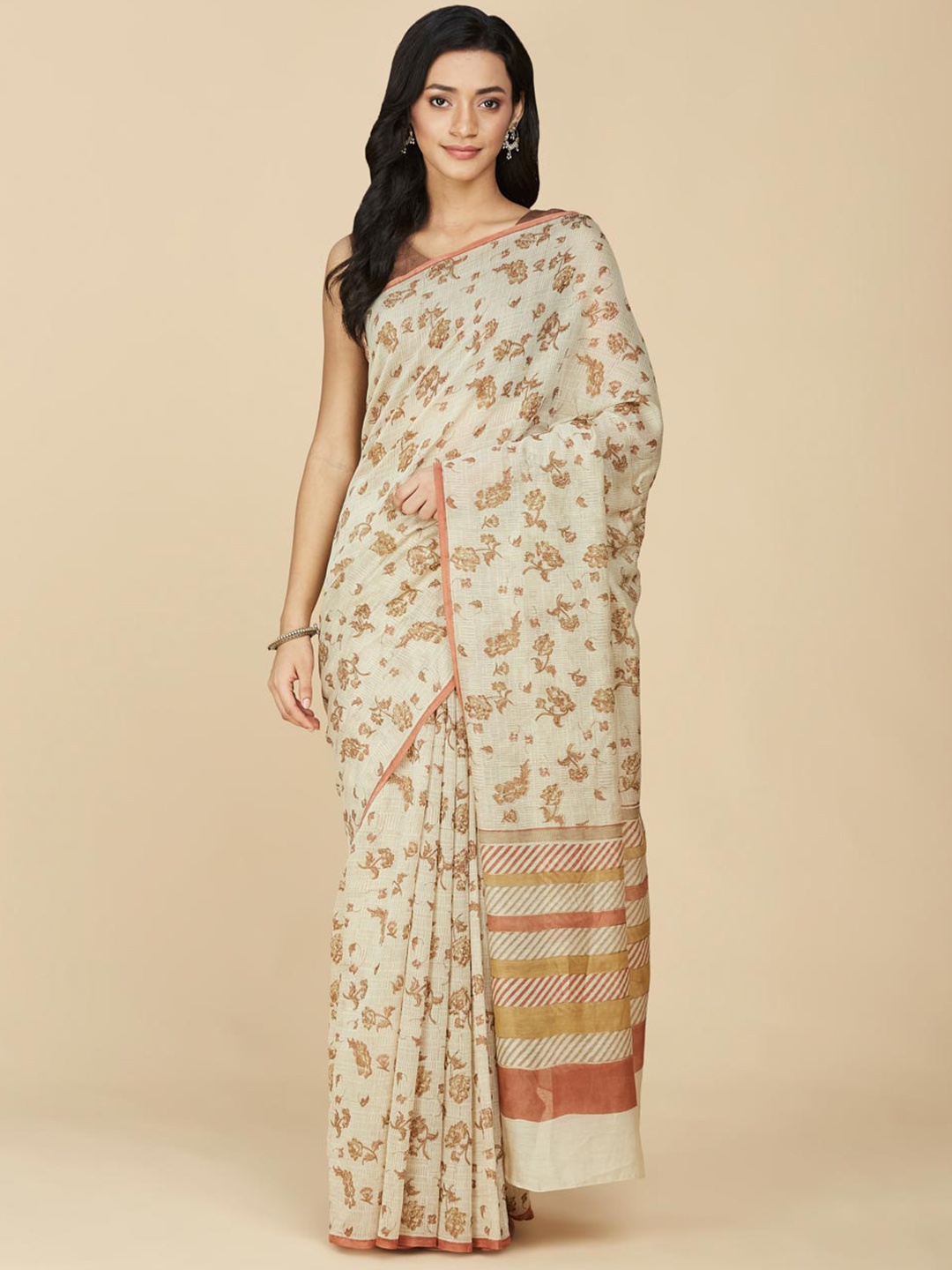 

Fabindia Ethnic Motifs Printed Cotton Silk Block Print Saree, Beige