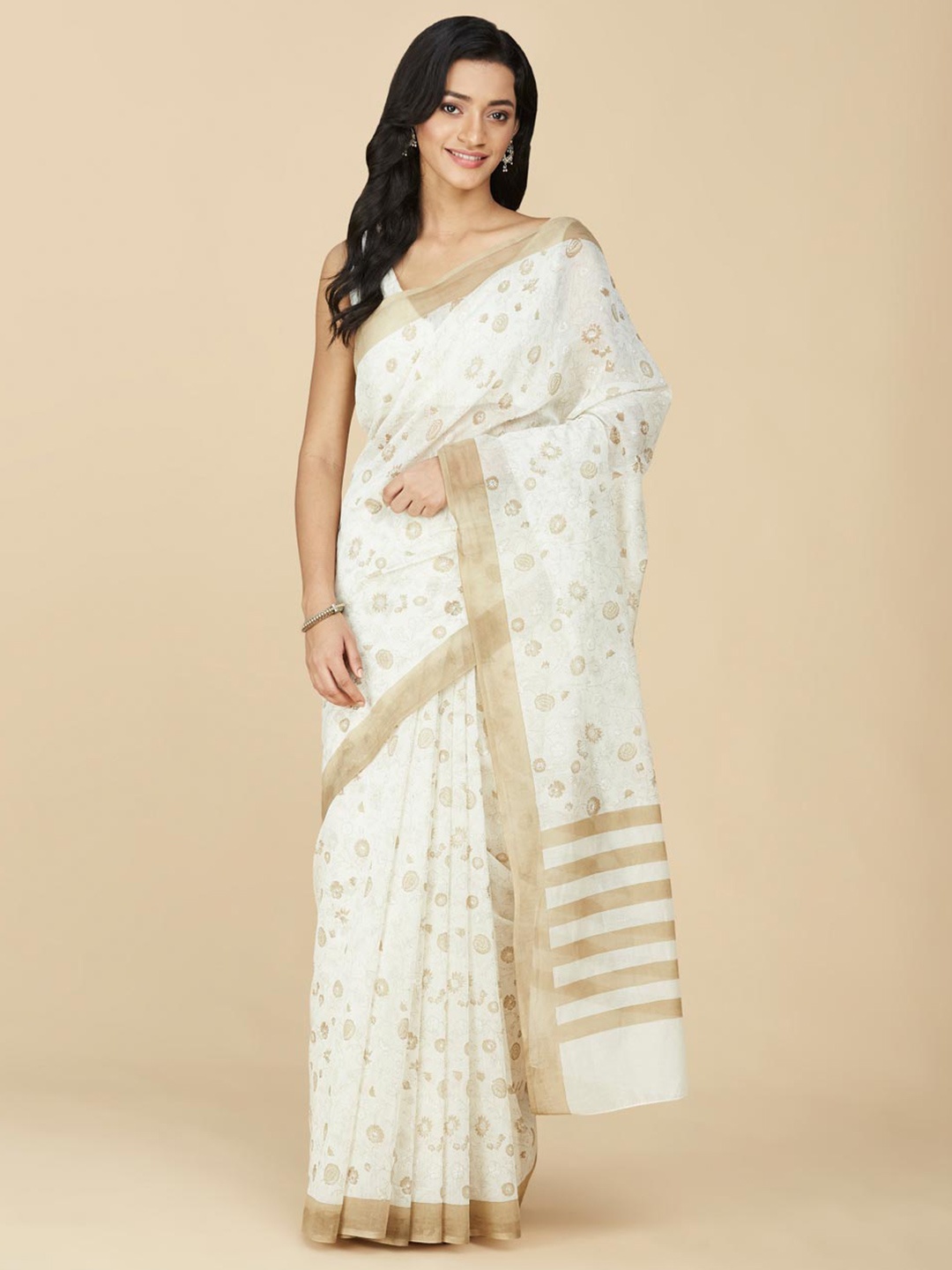 

Fabindia Floral Printed Block Print Saree, Off white