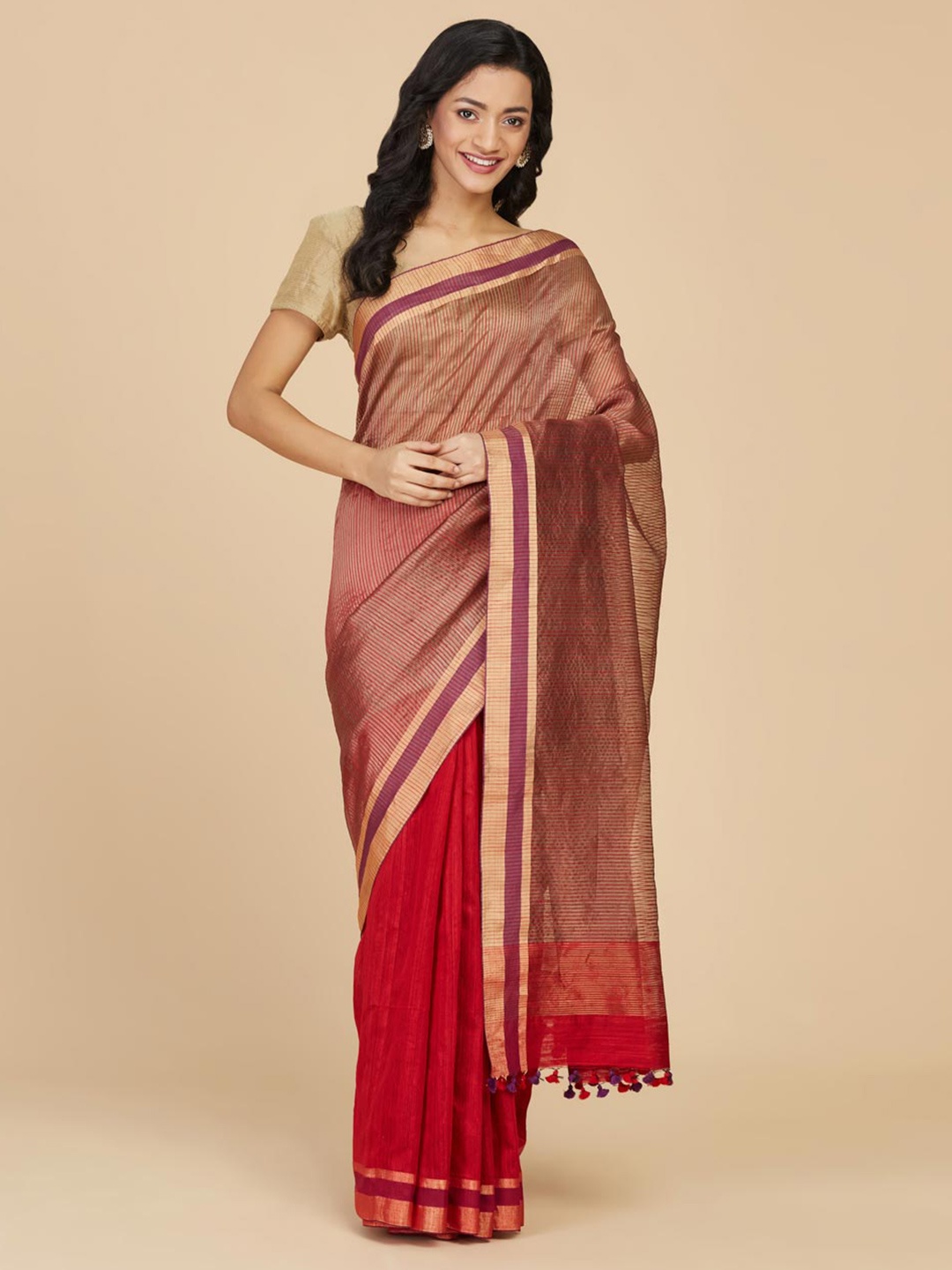 

Fabindia Woven Design Zari Pure Silk Saree, Red