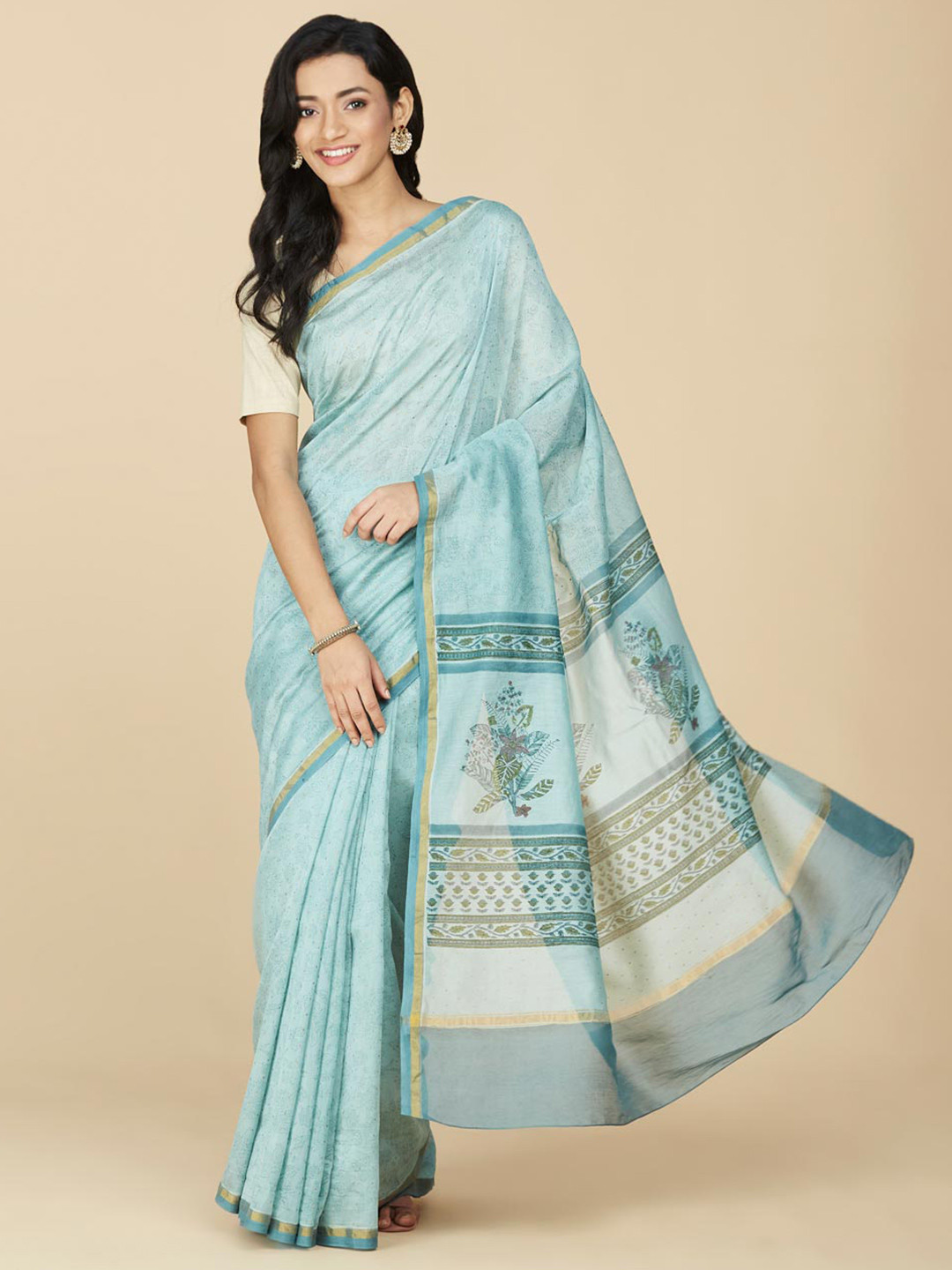 

Fabindia Floral Printed Zari Cotton Silk Block Print Saree, Blue