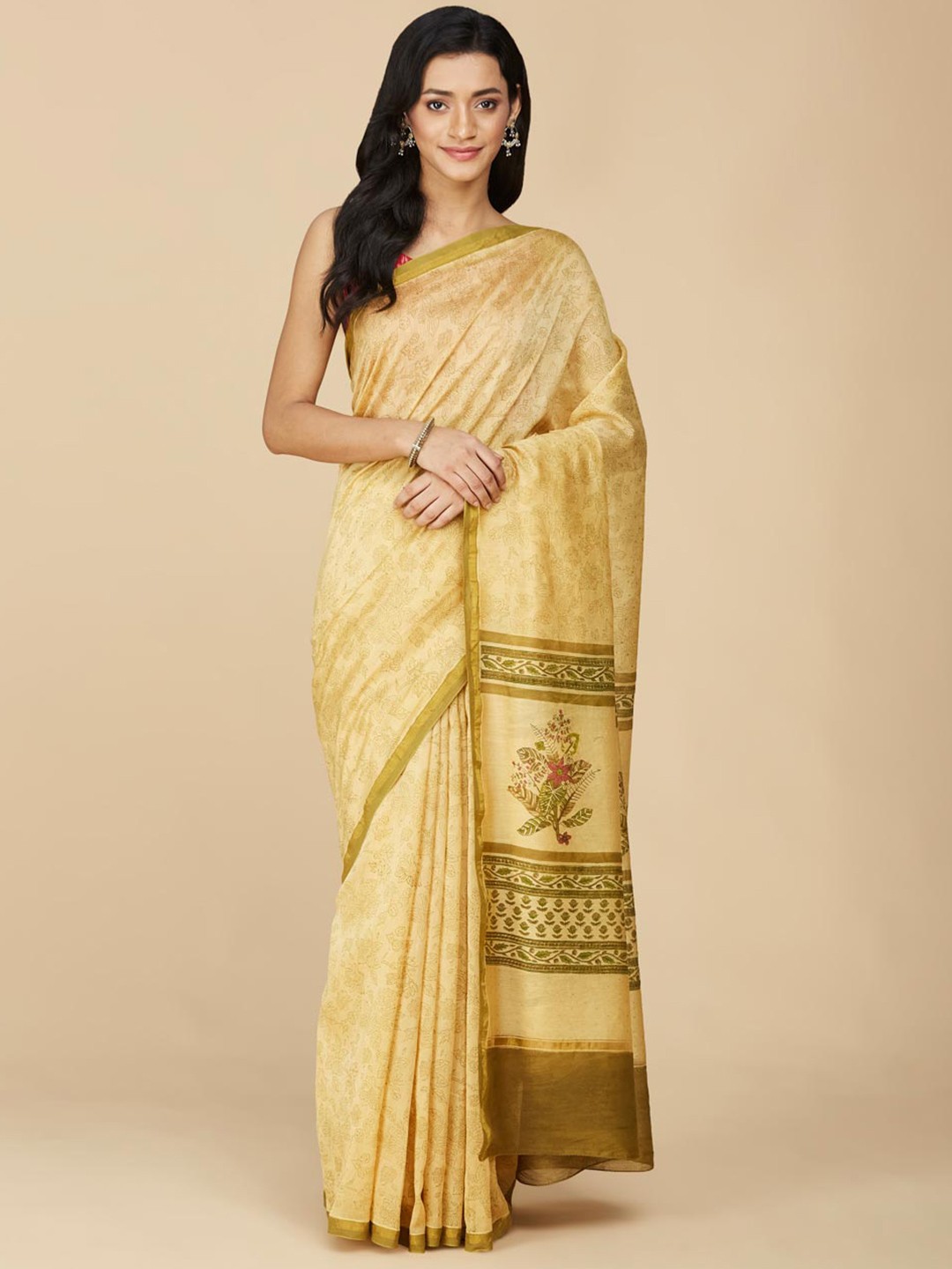 

Fabindia Floral Printed Block Print Saree, Mustard