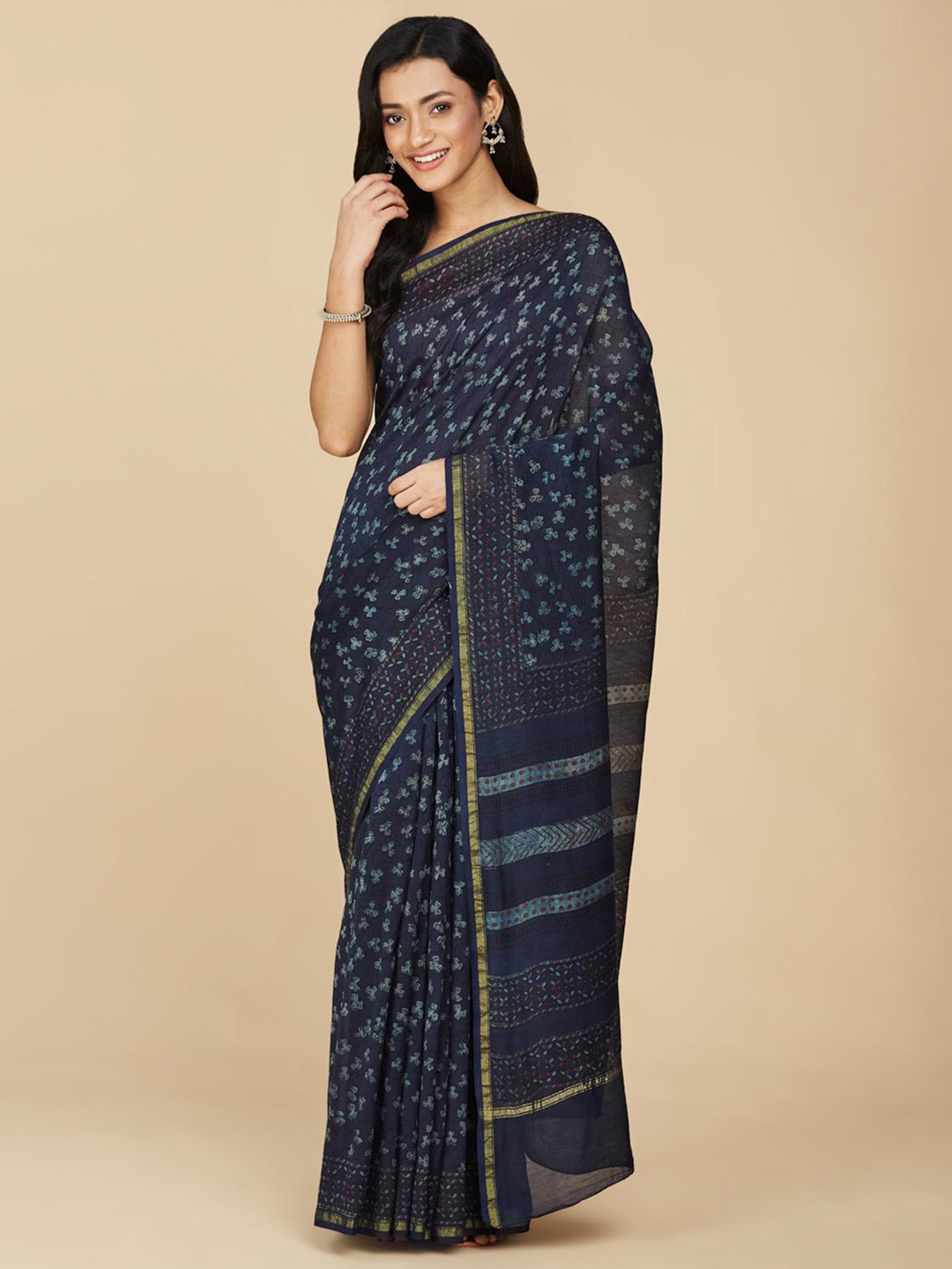 

Fabindia Dabu Printed Zari Dabu Saree, Blue