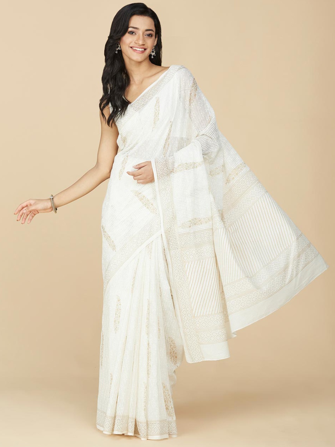 

Fabindia Ethnic Motifs Block Printed Pure Cotton Saree, Off white