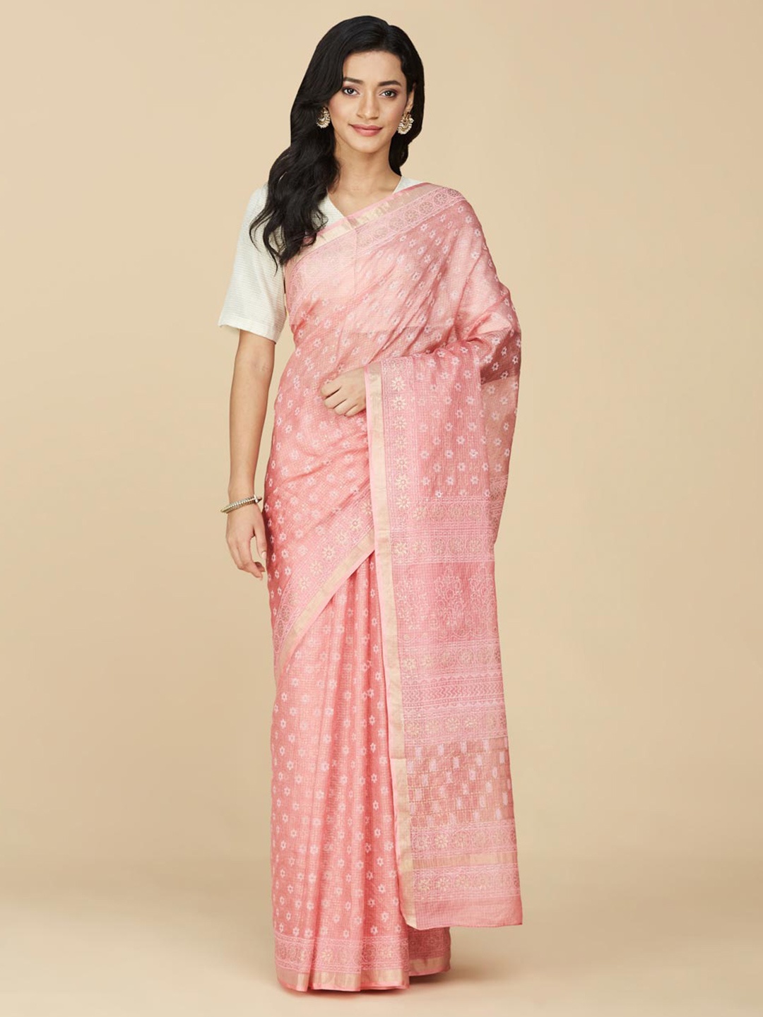 

Fabindia Floral Printed Zari Pure Silk Block Print Saree, Pink