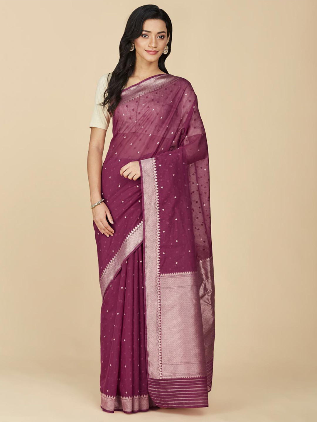

Fabindia Floral Woven Design Zari Cotton Silk Saree, Burgundy