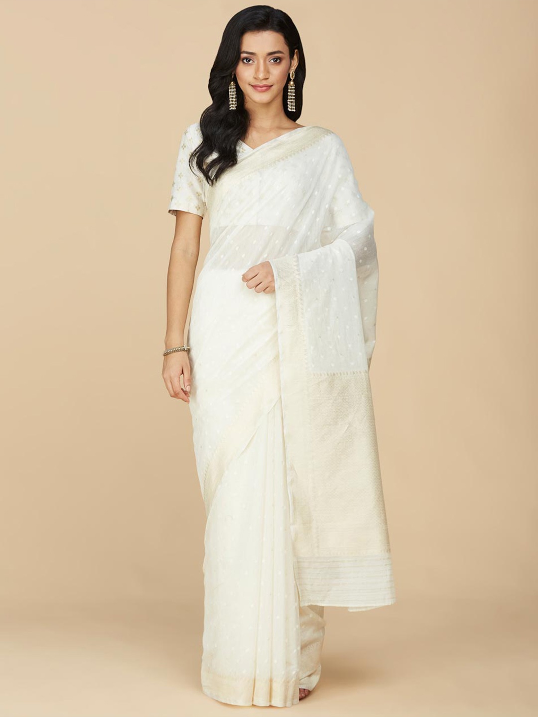 

Fabindia Ethnic Motifs Woven Design Zari Cotton Silk Saree, White