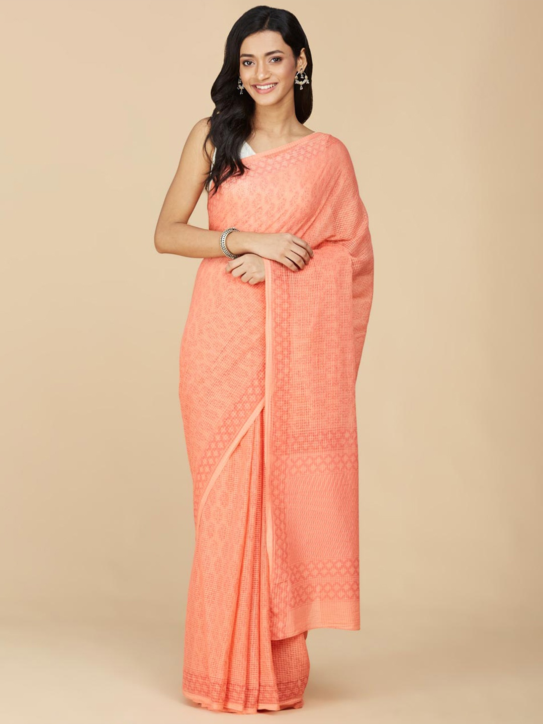 

Fabindia Ethnic Motifs Pure Cotton Block Print Saree, Coral