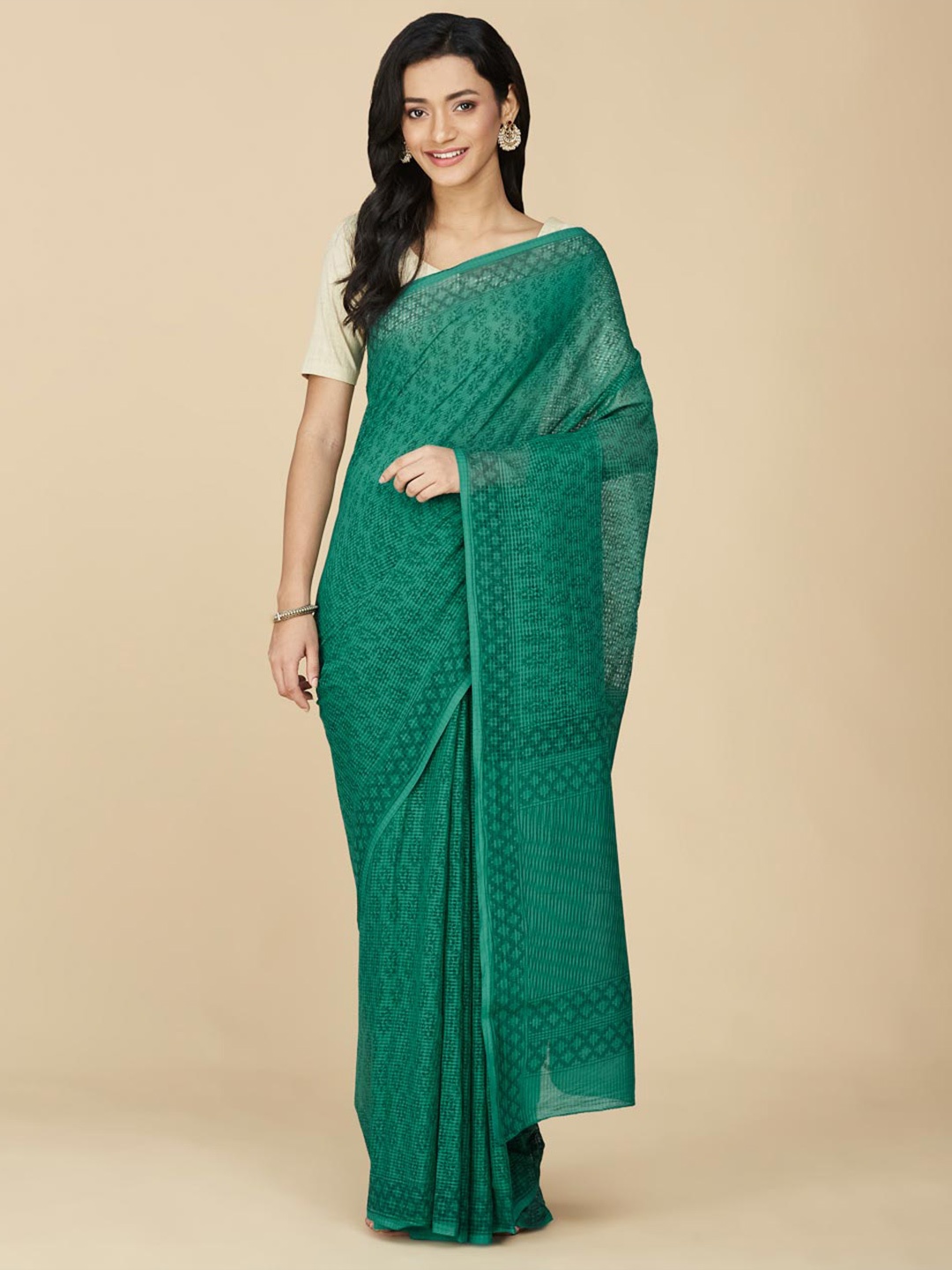 

Fabindia Ethnic Motifs Block Printed Pure Cotton Saree, Teal