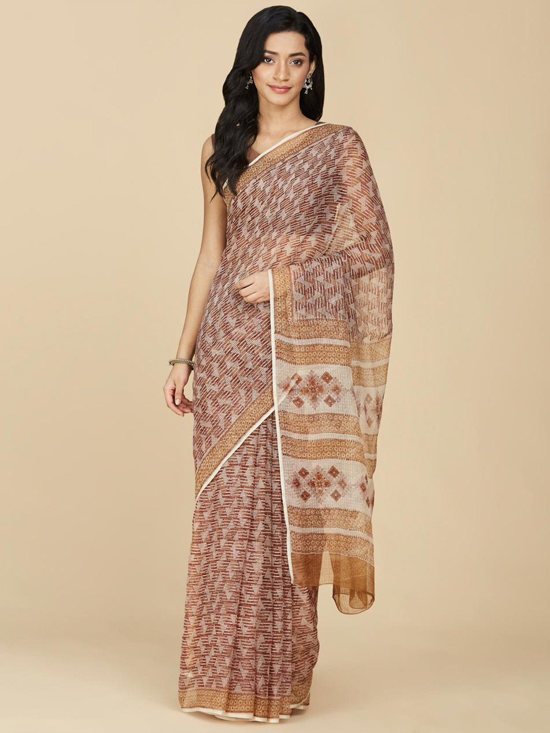 

Fabindia Geometric Printed Block Print Saree, Beige