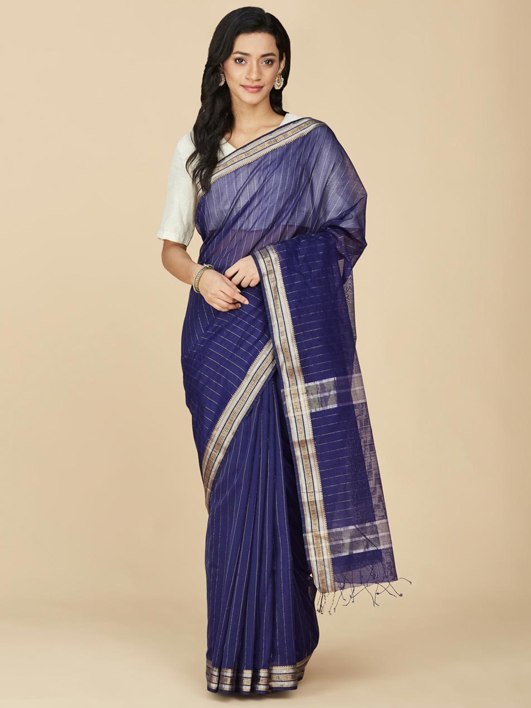 

Fabindia Striped Zari Maheshwari Saree, Blue