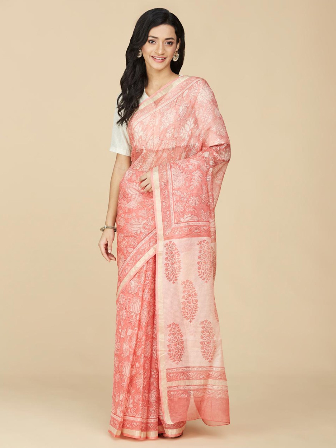 

Fabindia Ethnic Motifs Block Printed Zari Pure Silk Saree, Peach