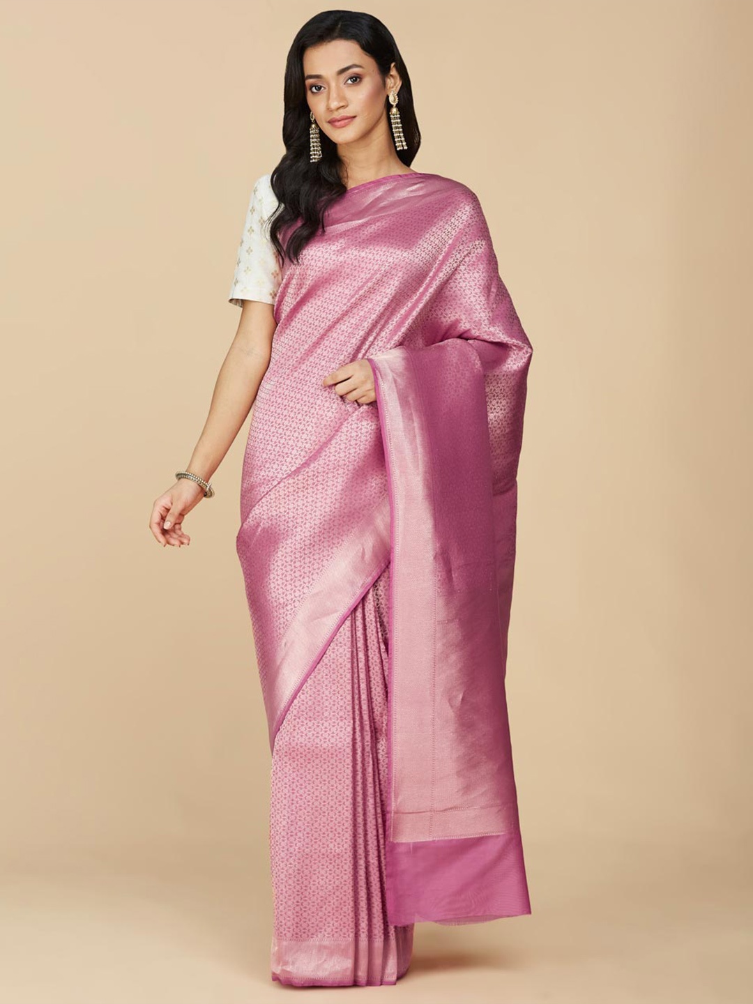 

Fabindia Ethnic Motifs Woven Design Zari Saree, Pink