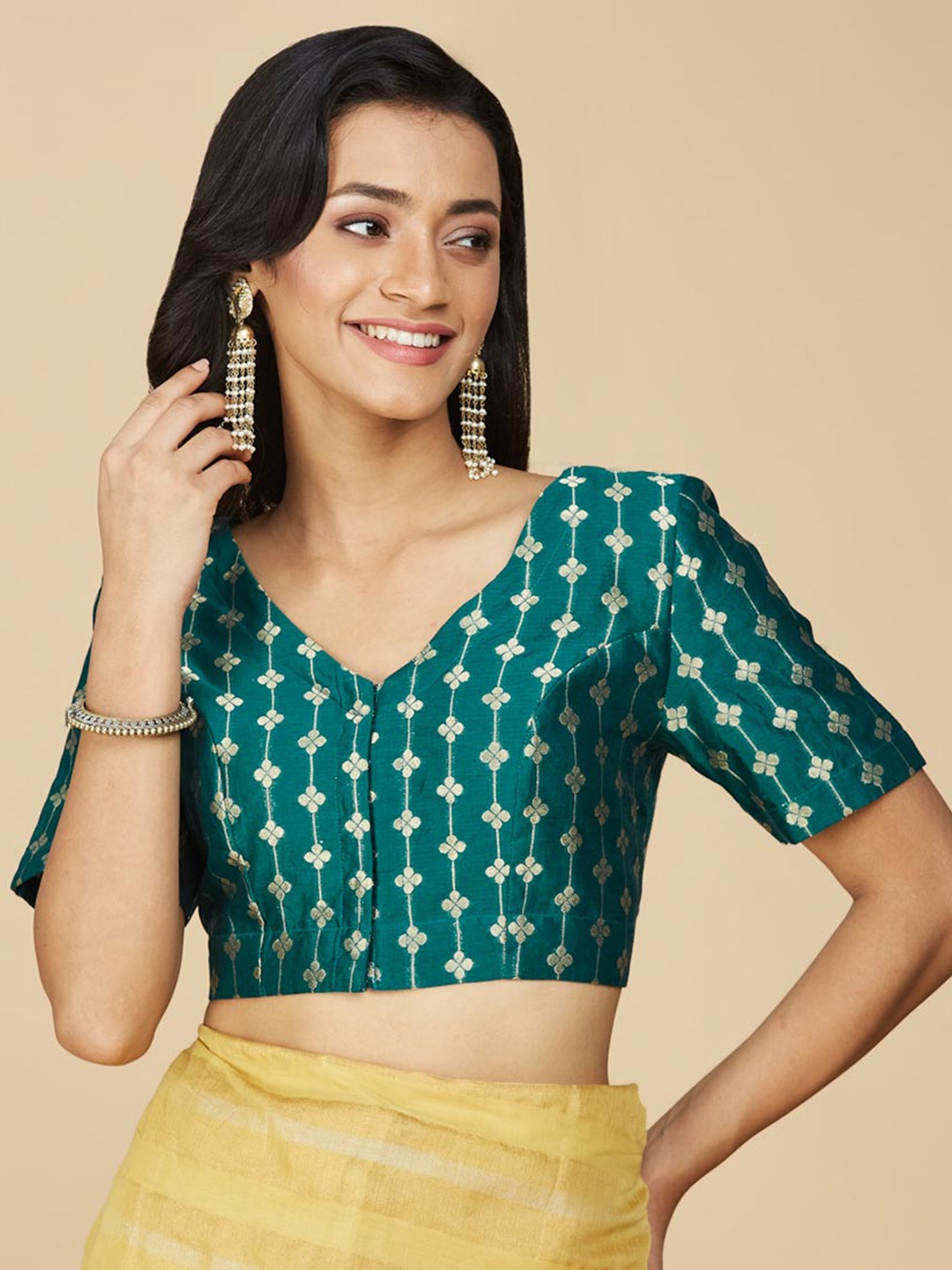 

Fabindia Woven Design Cotton V-Neck Saree Blouse, Teal